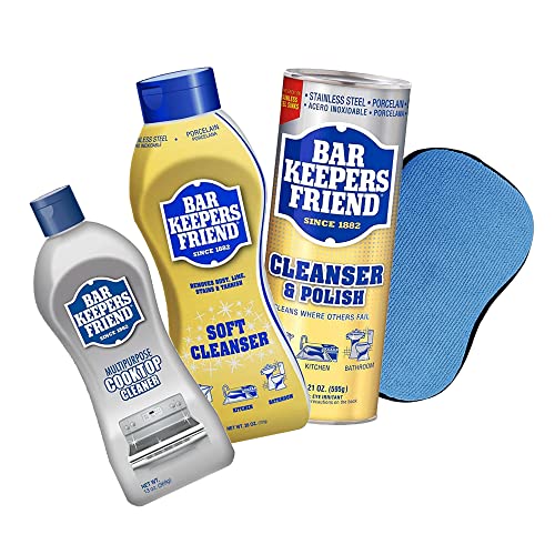 BAR KEEPERS FRIEND Cleanser Trio - Mega Bundle (21 Oz Cleanser and Polish Powder | 26 Oz Liquid Soft Cleanser | 13 Oz Cooktop Cleaner) Plus 1 Foxtrot Microfiber Towel and 1 Microfiber Scrubber Sponge