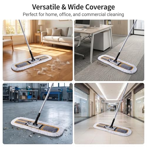CLEANHOME 24" Commercial Dust Mop for Floor Cleaning, Heavy Duty Sweeper Broom with 2 Microfiber Mop Pads, Wet and Dry Duster Sweeper Broom for Marble, Laminate, Hardwood Floor Cleaning ,Grey