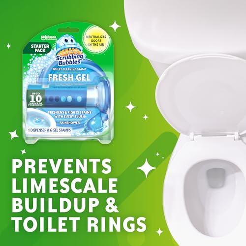 Scrubbing Bubbles Fresh Gel Toilet Bowl Cleaning Stamps, Helps Keep Toilet Clean and Helps Prevent Limescale & Rings, Rainshower Scent, 1 Dispenser with 6 Fresh Gel Stamps (Pack of 2)