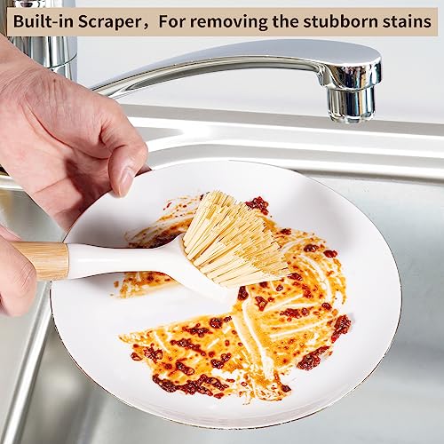 Kitchen Dish & Cast Iron Brush with Scraper, [2 Pack] Skillet Scrub Cleaner with Handle, Kitchen Cleaning Scrubber for Dishes, Pots, Cast Iron Skillet, Non-Stick Frying Pans, Sinks and House Cleaning