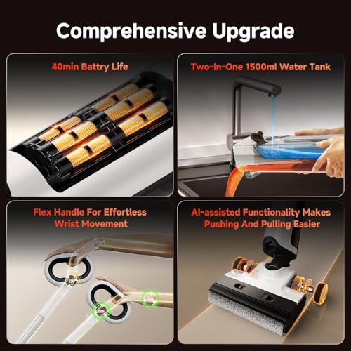 uwant Wet Dry Vacuum Cleaner 180°Lay-Flat Push-in Vacuum Mop All in One with 18000Pa Suction Auto Self-Cleaning Anti Odor Stick Dual-Edge Vacuum Cleaner Set of 1 for Hard Floor/Carpet D100