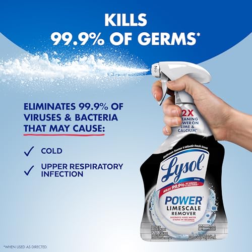 Lysol Power Limescale Remover Bathroom Cleaner Spray, Hard Water Stain Remover, Disinfecting Multipurpose Cleaner for Shower & Bathtub, Tough on Lime & Calcium, 0% Bleach, Atlantic Fresh Scent, 32oz