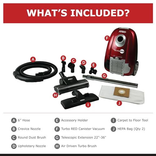 Atrix Turbo Red AHC-1 HEPA Canister Vacuum Cleaner – Powerful 1,400W Variable Speed Motor, Lightweight 6-Quart Bag Design, 3-Stage Filtration, Telescopic Wand, Full Bag Indicator & Accessory Kit