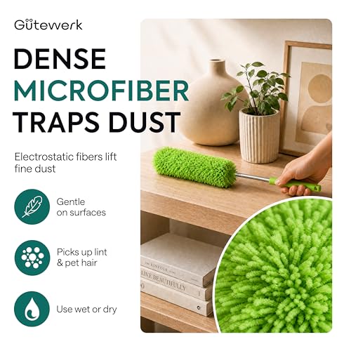 Gütewerk Extendable Microfiber Duster, 55 Inch - Feather Dusters for Cleaning Ceiling Fans, Blinds, Baseboards & High Ceilings - Washable, Electrostatic, 360° Bendable Head, Stainless Steel Pole