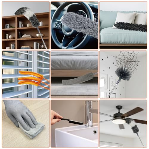 15 PCS Feather Dusters for Cleaning, Microfiber Duster with Extension Pole 100in, Extendable Duster for High Ceilings, Ceiling Fans, Baseboards, Blinds, Car Interior - Washable Reusable Dusting Tools