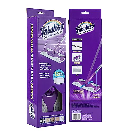 Fabuloso Dry and Wet Sweeper, 2-in-1 Floor Dust Mop for Dry Sweeping and Light Wet Mopping, Lightweight Aluminum Handle, Swivel Low-Profile Head, Bonus 12 Dry Pads Included