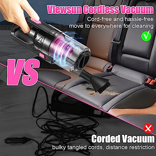 Viewsun Car Vacuum Cordless Rechargeable, 8000PA High Power Handheld Vacuum Cleaner with 17PCS Car Cleaning Kit, Pink Auto Accessories for Women Gift