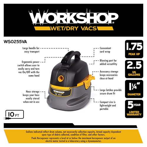 WORKSHOP Wet/Dry Vacs Shop Vacuum WS0255VA 2.5-Gallon 1.75 Peak HP Portable Wet Dry Vacuum Cleaner with Filter Bag, Hose and Attachments for Cleaning in the Home