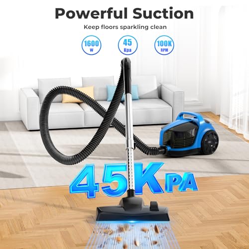Canister Vacuums 45Kpa 1600W Canister Vacuum Cleaners for Home Double HEPA Filter 4.5Qt Bagless Vacuum Cleaner Lightweight Canister Vacuum Cleaner for Hard Floors Carpet Pet Upholstery Tiles Car Blue