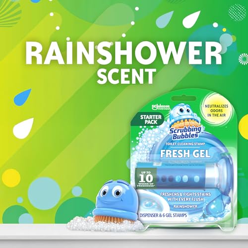 Scrubbing Bubbles Fresh Gel Toilet Bowl Cleaning Stamps, Helps Keep Toilet Clean and Helps Prevent Limescale & Rings, Rainshower Scent, 1 Dispenser with 6 Fresh Gel Stamps (Pack of 2)