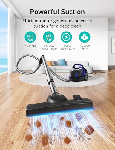 Aspiron Canister Vacuum, Upgraded 1600W Bagless Canister Vacuum Cleaner, Auto Cord Rewind, H13 HEPA Filter, 4Qt Large Capacity, 5 Tools for Hard Floors, Carpet, Pet, Upholstery, Tiles, Sapphire