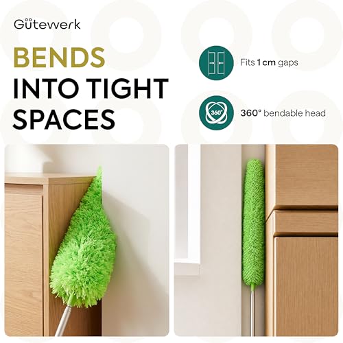 Gütewerk Extendable Microfiber Duster, 55 Inch - Feather Dusters for Cleaning Ceiling Fans, Blinds, Baseboards & High Ceilings - Washable, Electrostatic, 360° Bendable Head, Stainless Steel Pole