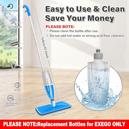 EXEGO 440ML Refillable Spray Mop Replacement- DO NOT SUITABLE FOR OTHER BRAND SPRAY MOP - Water Tank for Multi-Surface Floor Cleaning