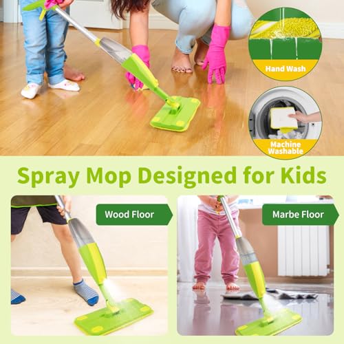 Lullulii Kids Spray Mop, Fun & Functional Toddler Mop Cleaning Set,Real Working Mini Mop, Pretend Play Toy –Includes Spray Bottle,Washable Microfiber Pads, Montessori Kids Cleaning Toy Set -Green