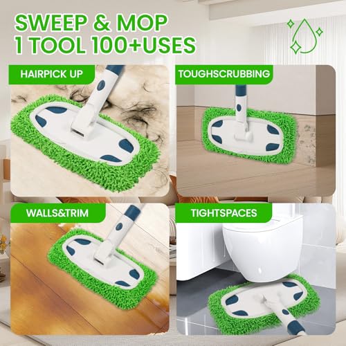 ZHAYAO Reusable Microfiber Floor Mop System, Wet & Dry Sweeper Kit, Includes 1 Sweeper Handle, 3 Washable Chenille Mop Pads, Dry & Wet Use for Hardwood, Tile, and Laminate Floor, Blue