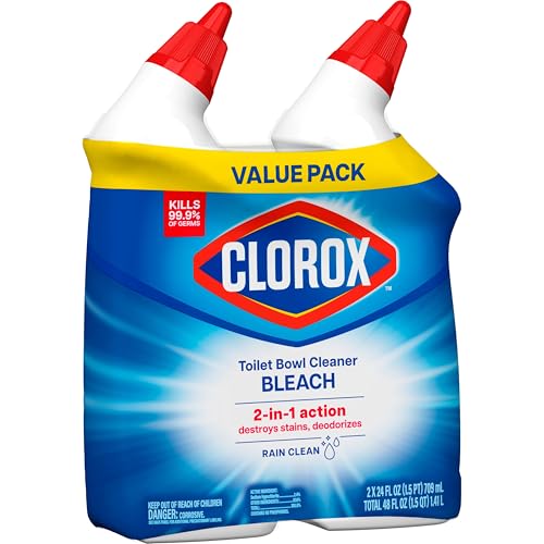 Clorox Toilet Bowl Cleaner with Bleach, Rain Clean Scent, Kills 99.9% of Germs, Removes Toilet Rings and Mold Stains, 24 fl oz, Pack of 12