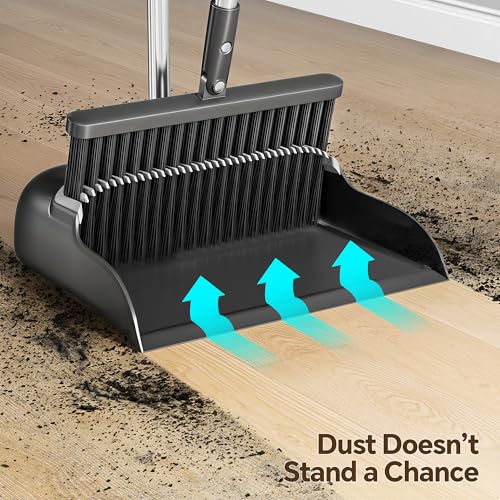 POPMOP Broom and Dustpan Set, 52" Long Handle Standing Broom with Dustpan Combo Set with Dust Pan Teeth to Clean Pet Hair, Easy Sweeping Suitable for Home Kitchen Office Lobby