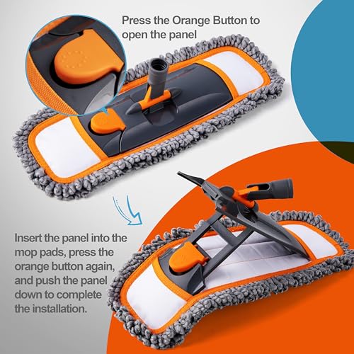 CLEANHOME Mops for Floor Cleaning with 3 Different Washable Pads and Extendable 55” Long Handle, Multifunction Dust Mop for Hardwood,Marble,Tile Floor Mopping,Orange