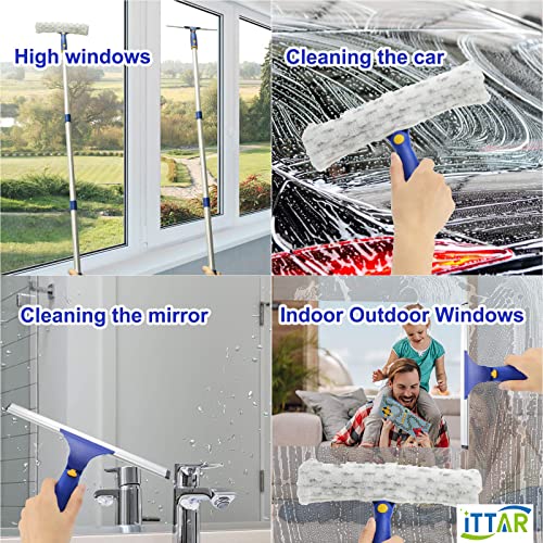 ITTAR Window Squeegee Cleaning Kit with 60 Inch Extension Pole, Glass Cleaner Tool 12" Rubber Blade & 2 Microfiber Pads, Window Washing Equipment for High Windows, Shower Doors, Car Windshield