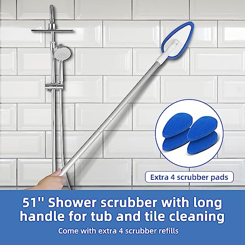 Qaestfy Shower Bathtub Tub Tile Scrubber Cleaning Brush with 51'' Handle, 5 Non-Scratch Scouring Pads, Adjustable Long Handled Scrub Brush for Cleaning Shower Bathroom Vessel Sinks Toilet Wall Floor