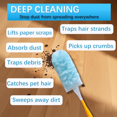 60 Count Disposable Dusters Refills, 360° Heavy Duty Duster Refills Compatible with Swiffer Duster Refills (60 Count Duster Refill +2 Handle)
