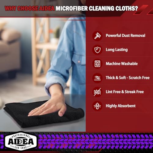 AIDEA Microfiber Cleaning Cloth Black 10PK, Microfiber Towels for Cars, Premium Wash Cloths, Dusting Cloth Lint Free Cleaning Rags for SUVs, House, Kitchen, Window, Cleaning Supplies12×12"