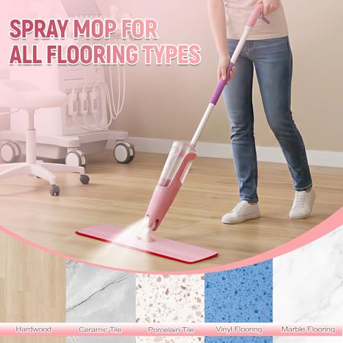 24" Dry mops for Floor Cleaning, Extra-Long Spray runtime & Light Mist Spray mop, Microfiber Wet mop w/ 28oz Tank & 2 Washable Pads, Heavy Duty Flat mop for Hardwood Tile Laminate Vinyl, Large Spaces