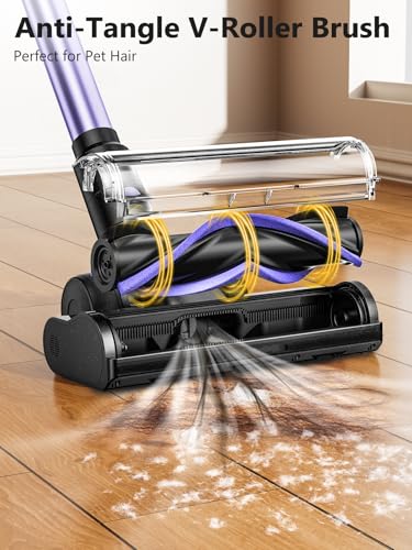 Cordless Vacuum Cleaner, 55KPa/500W Stick Vacuum with 55 Mins Runtime, Self-Standing Vacuum Cleaner for Home, LED Display, Anti-Tangle Brush, Rechargeable Vacuum for Hardwood Floor, Pet Hair (Purple)