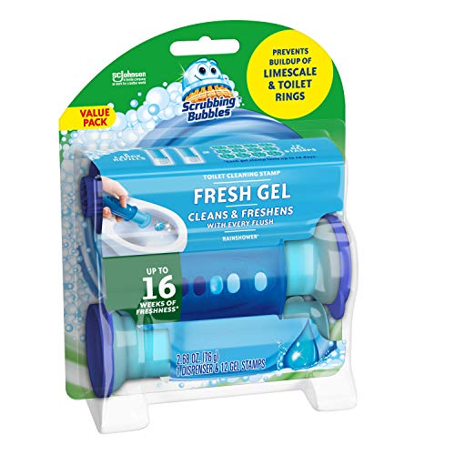 Scrubbing Bubbles Fresh Gel Toilet Cleaning Stamp, Rainshower, Dispenser with 12 Gel Stamps, 2.68 oz