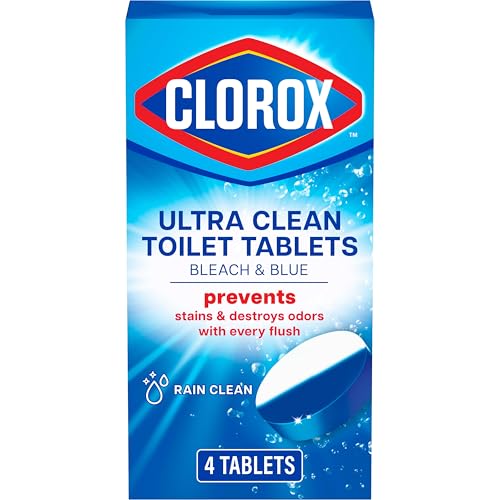 Clorox Ultra Clean Toilet Tablets Bleach & Blue, Rain Clean Scent, Toilet Cleaner Kills 99.9 Percent of Bacteria with the Power of Clorox Bleach, 2.47 oz., 4 Count