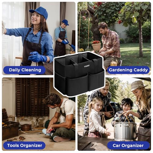 Ytonet Cleaning Caddy, Water Resistant Cleaning Supplies Organizer with Handle & Foldable Divider for Cleaners, Housekeeping Tote for Kitchen & Bathroom, Car Tool Caddy Organizer Bag, Black