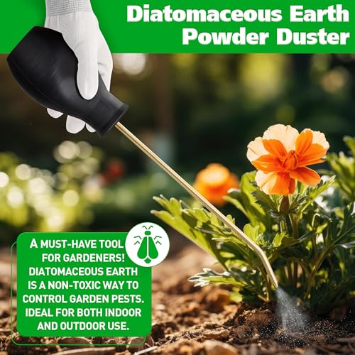 Diatomaceous Earth Powder Duster, 8OZ Garden Powder Applicator Dispenser with Long Metal Tube, Bulb Duster Sprayer for Home Organic Gardening Agricultural Supply (Black,1 Pack)