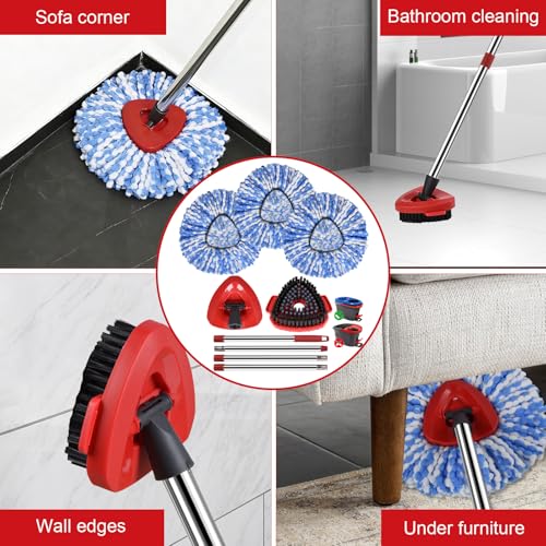 Spin Mop Replacement Head Set for O Ceda Mop RinseClean 2-Tank System, 3 Pack Mops Heads Replacements + Scrub Brush + 30-58" Handle & Base, Microfiber Mops Head Floor Mop Refill Kit