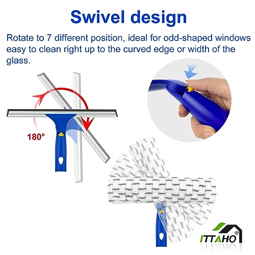 ITTAHO Window Squeegee with Extension Pole, Separate 12" Squeegee & 11" Microfiber Scrubber Heads, Window Cleaning Kit for Hard-to-Reach Windows, Shower Doors, Car Windshields, Indoor Outdoor-2 Pads