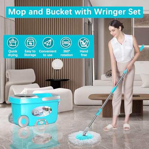 FunClean Spin Mop and Bucket for Home Cleaning, 360° Rotating Floor Mop with Wringer, Adjustable 61" Handle for Back Pain Relief, 6 Microfiber Replacement Heads, 2 Easy-Move Wheels - Blue