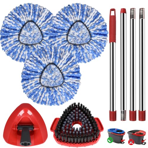 Spin Mop Replacement Head Set for O Ceda Mop RinseClean 2-Tank System, 3 Pack Mops Heads Replacements + Scrub Brush + 30-58" Handle & Base, Microfiber Mops Head Floor Mop Refill Kit