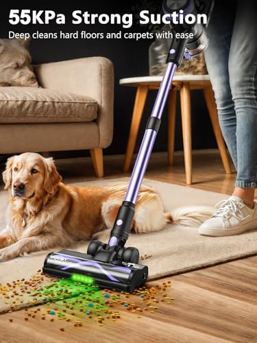 Cordless Vacuum Cleaner, 55KPa/500W Stick Vacuum with 55 Mins Runtime, Self-Standing Vacuum Cleaner for Home, LED Display, Anti-Tangle Brush, Rechargeable Vacuum for Hardwood Floor, Pet Hair (Purple)