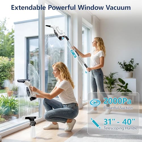 ZRHI Window Vacuum Squeegee Cordless with Extendable Pole 31-40", 2000Pa Electric Window Cleaner with 2200mAh and 150ml Dirty Water Tank, Long Handle Shower Squeegee for Glass Door, Windows (White)