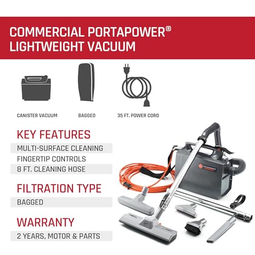 Hoover Commercial PortaPower Lightweight Canister Vacuum Cleaner, Bagged Canister Vac with Attachments, 2-in-1 Vac and Blower, Corded Vacuum Cleaners for Commercial Use