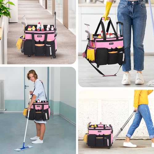 JKAOO Large Rolling Cleaning Caddy Bag with Detachable Trolley, Waterproof Cleaning Caddy on Wheels for Housekeepers, Cleaning Cart Supplies Organizer for Home,Car,Office,Picnic (Pink) (Patented)