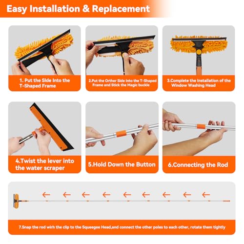 Window Cleaning Tools Window Squeegee: 2 in 1 Double-Sided Professional Cleaner Window Washing Kit with Extension Pole 20+ Ft Duster for High Ceilings Microfiber Scrubber for Indoor Outdoor High Glass