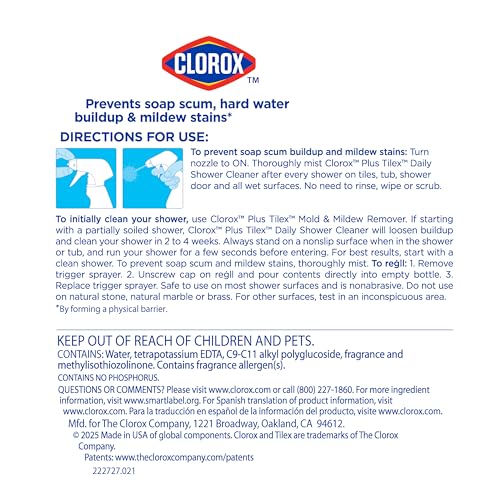Clorox Plus Tilex Daily Shower Cleaner, Bleach-Free Bathroom Cleaner Spray, Safe for Most Tubs and Countertops, 32 fl. oz. Spray Bottle, Pack of 3