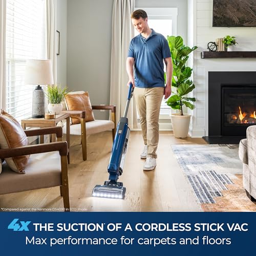 Kenmore CU5001 Litening Cordless Upright Vacuum with Lift-Up & Hair Eliminator Nozzle, Brushless Motor, HEPA Filter & LED Display for Low-Pile Carpets, Rugs, Hard Floors & Pets, Blue