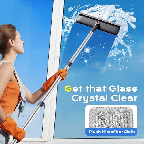 Window Squeegee for Home, Window Cleaner Tool with Extension Pole, Squeegee for Window Cleaning with 3 Microfiber Cloths and Screen Brush, Window Cleaning Kit for Car Windshield, Shower Glass Doors