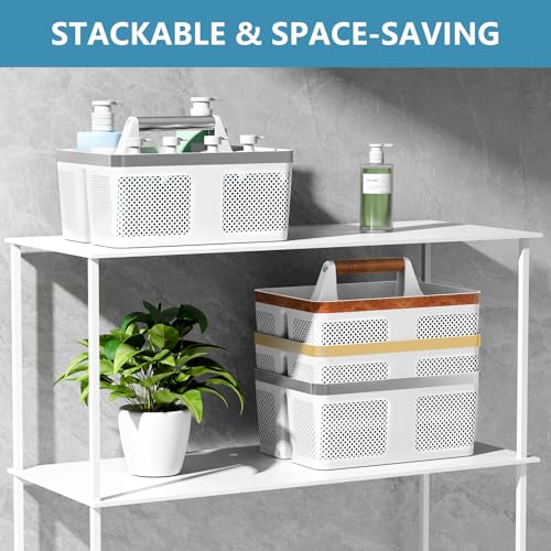 BYUNER Plastic Shower Caddy Dorm: Portable Bathroom Caddy Organizer with Handle and Holes, Cleaning Basket, Hard Shower Basket Storage Tote for Toiletry, College Dorm Room Essentials White/Silver