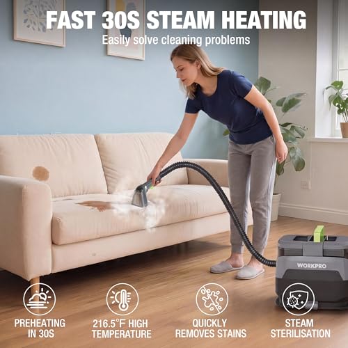 WORKPRO Portable Steam Carpet & Upholstery Cleaner Machine, 16KPa Suction with 4 Cleaning Modes, Spot Cleaner Machine with Heating System and Multi-Function Tools for Sofa, Pet Stains & Car Interior
