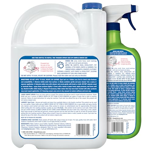 Simple Green Cat Stain & Odor Remover - Enzyme Cleaner for Cat Urine, Feces, Blood, Vomit (32 oz Sprayer & 1 gallon Refill)