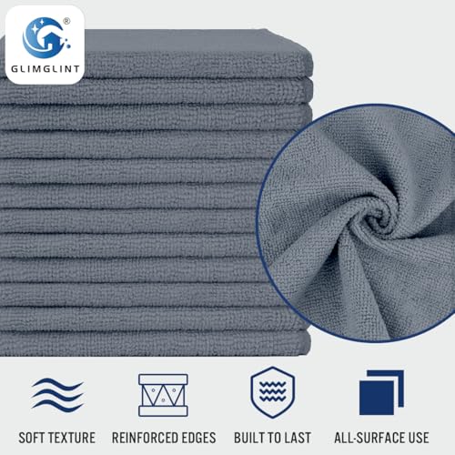 GLIMGLINT Grey Microfiber Cleaning Cloth,12PK Reusable Cleaning Rags, Highly Absorbent Shop Rags Bulk, All-Purpose Car Cleaning Towels for TV Screen, Kitchen, Bathroom, Restaurant Garage, 14"X12"