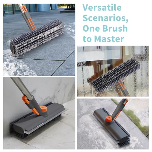 Floor Scrub Brush with Long Handle, 3 in 1 Scrape and Heavy-Duty Stiff Bristle Scrubber Brush for Cleaning Shower Bathroom, Patio, Pool, Garage, Kitchen, Wall and Deck (Gray, 1 Pack)