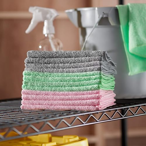 Amazon Basics Microfiber Cleaning Cloths, Ultra-Soft and Highly Absorbent, Streak-Free, Lint-Free, Scratch-Free, Washable, for Car Detailing and Glass Cleaning, 16" x 12", Green/Gray/Pink, 24-Pack